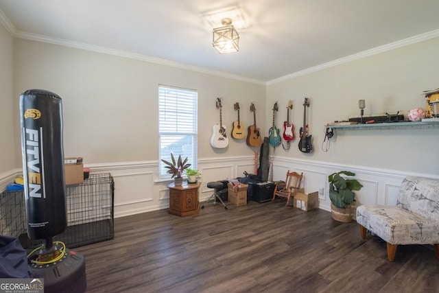 misc room with dark hardwood / wood-style floors and ornamental molding