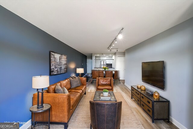 living room with light wood-type flooring and track lighting