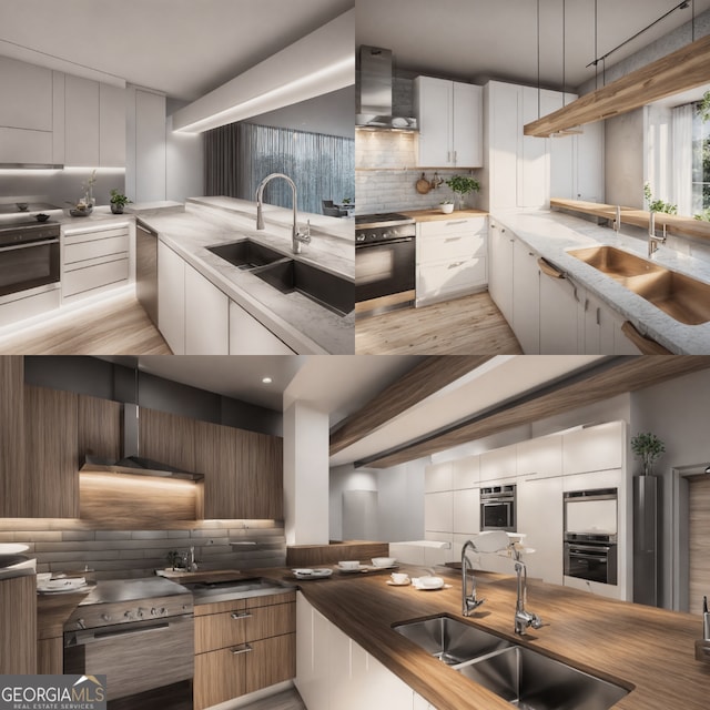 kitchen with white cabinetry, decorative backsplash, sink, and wall chimney exhaust hood