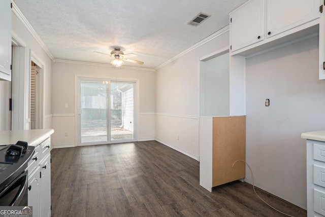 kitchen featuring white cabinetry, ceiling fan, dark wood-type flooring, a textured ceiling, and ornamental molding