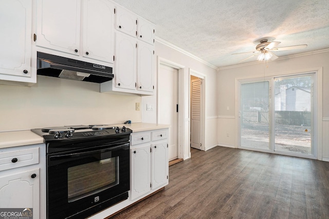 kitchen featuring white cabinets, dark hardwood / wood-style flooring, ornamental molding, and black electric range