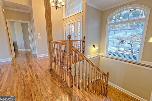 staircase featuring ornamental molding, a chandelier, and hardwood / wood-style flooring