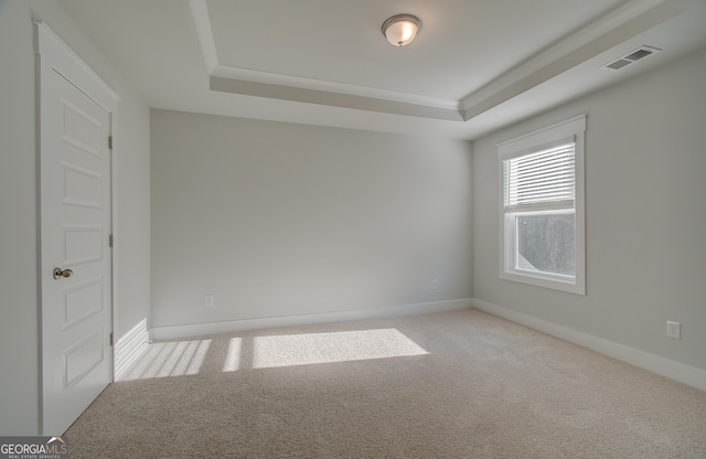 carpeted empty room featuring a raised ceiling