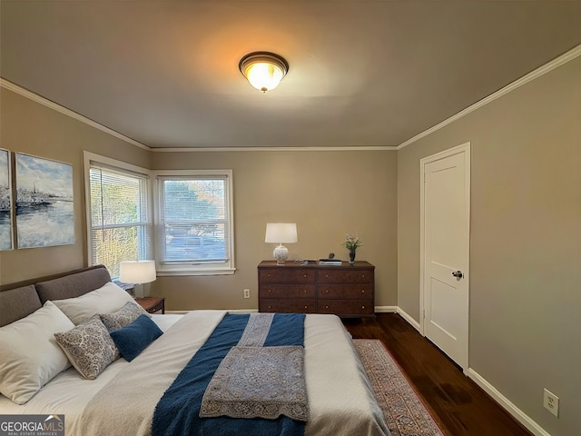 bedroom featuring dark wood-type flooring and ornamental molding