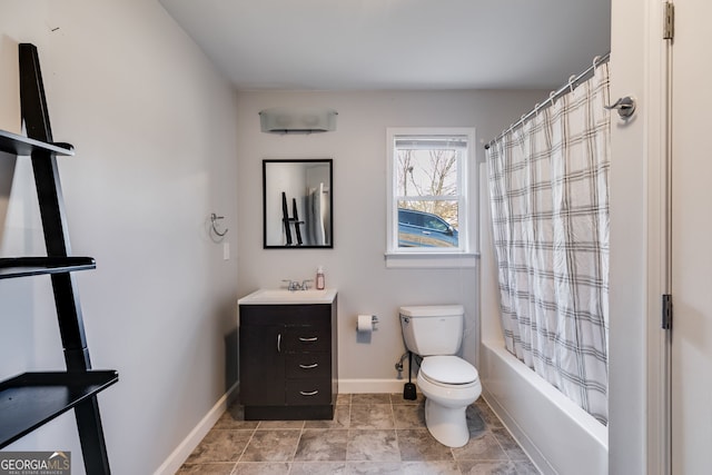 full bathroom featuring vanity, shower / bathtub combination with curtain, and toilet