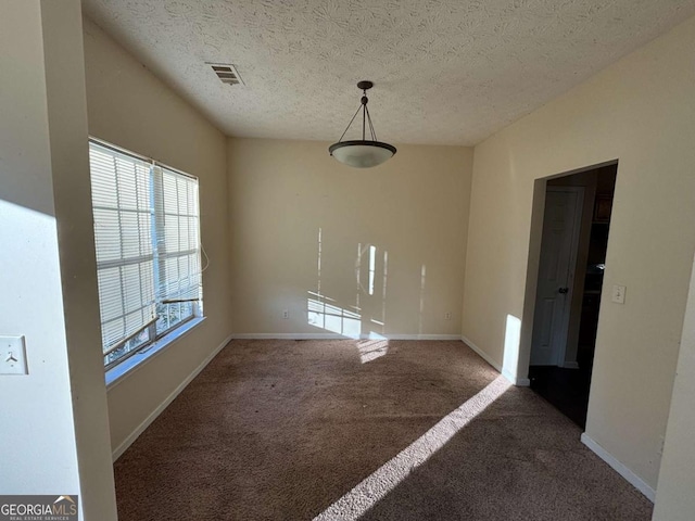 unfurnished dining area with carpet flooring and a textured ceiling