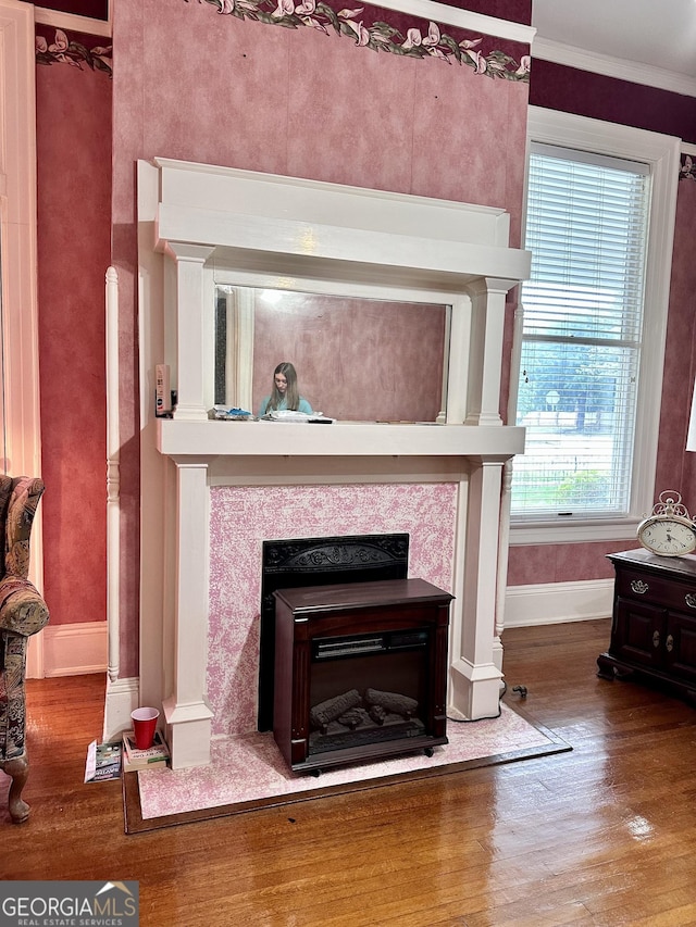 details featuring hardwood / wood-style flooring and ornamental molding