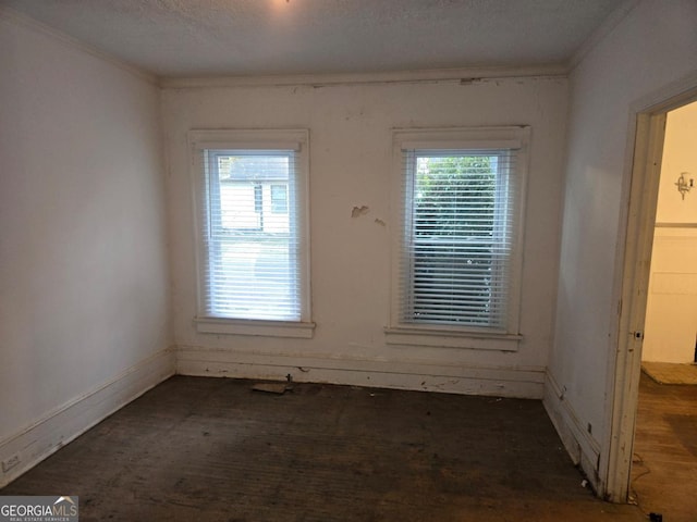 unfurnished room featuring a textured ceiling, plenty of natural light, and ornamental molding