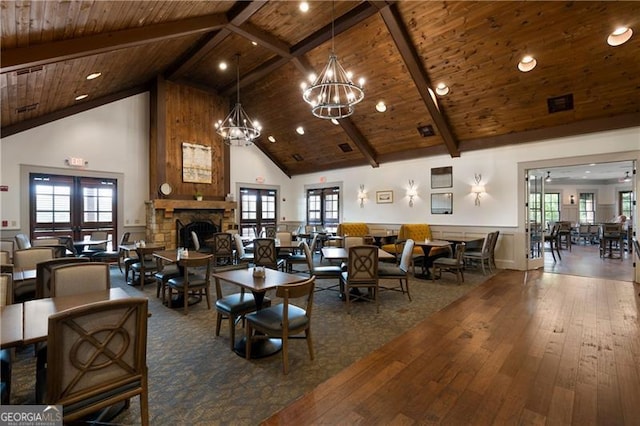 living room featuring dark hardwood / wood-style floors, wood ceiling, a fireplace, and high vaulted ceiling