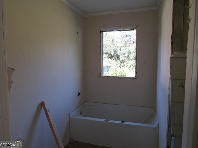 bathroom featuring a tub to relax in and ornamental molding