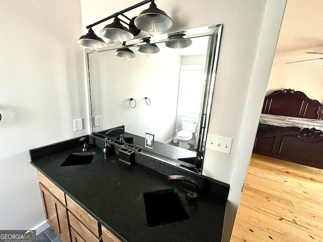 bathroom with vanity, hardwood / wood-style flooring, and toilet