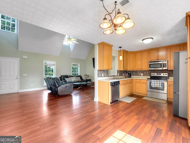 kitchen with ceiling fan with notable chandelier, stainless steel appliances, a textured ceiling, hardwood / wood-style floors, and hanging light fixtures