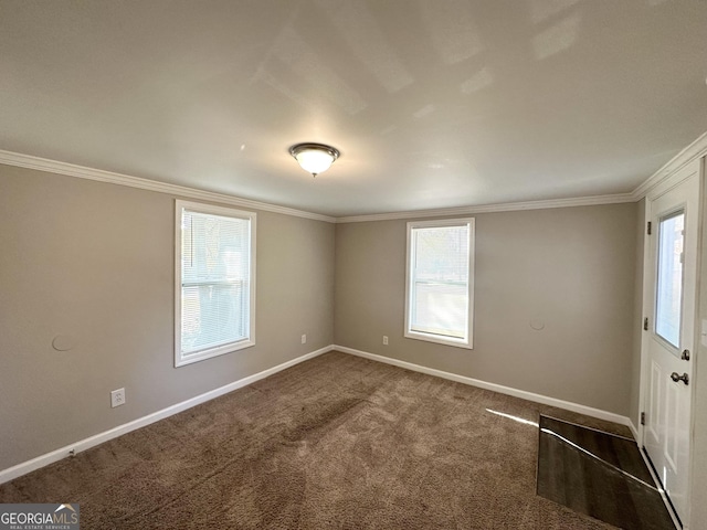 empty room featuring carpet, a healthy amount of sunlight, and crown molding