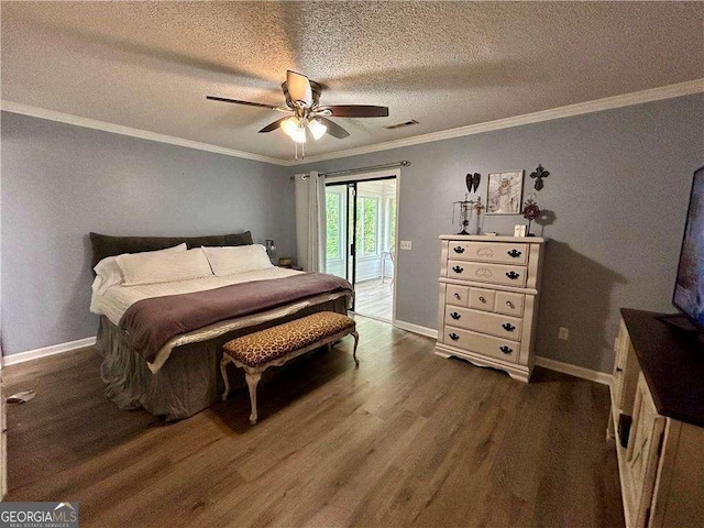 bedroom with access to outside, ceiling fan, ornamental molding, a textured ceiling, and dark hardwood / wood-style flooring