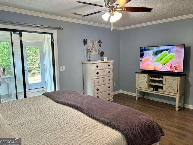 bedroom featuring a textured ceiling, access to outside, ceiling fan, and dark hardwood / wood-style floors