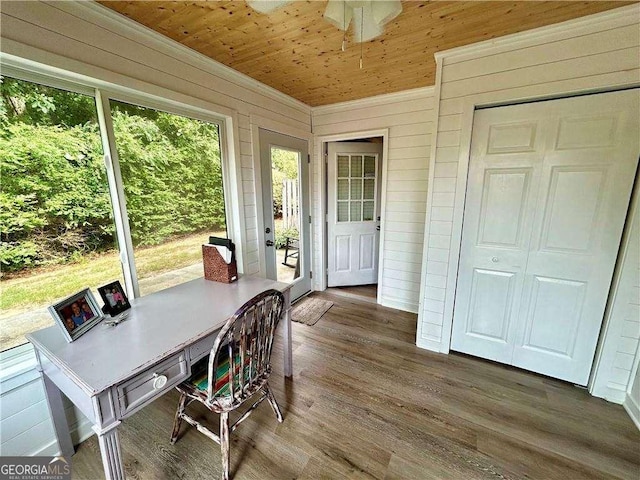 sunroom featuring wooden ceiling