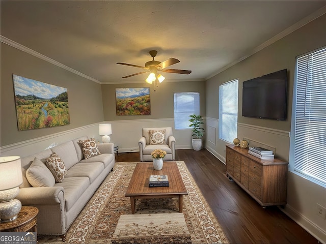 living room featuring ceiling fan, crown molding, and dark hardwood / wood-style floors