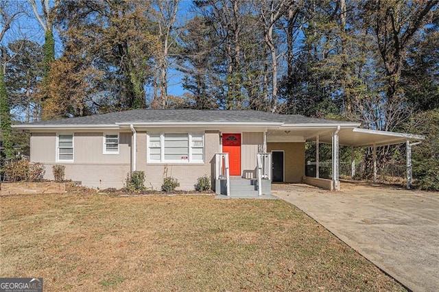 ranch-style home with a carport and a front yard