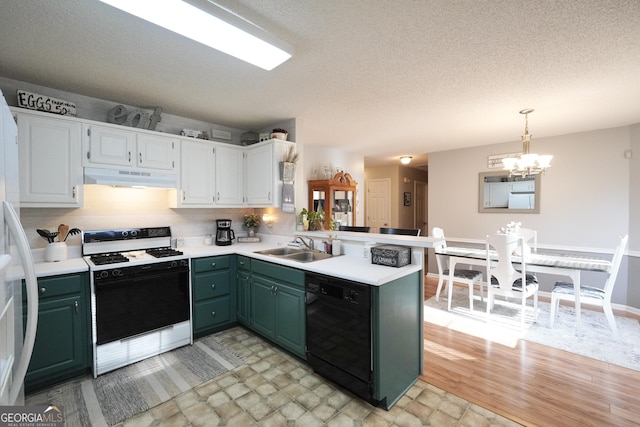 kitchen with white cabinetry, black dishwasher, kitchen peninsula, light hardwood / wood-style floors, and white stove