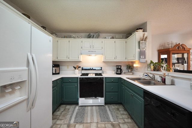 kitchen with a textured ceiling, white appliances, white cabinetry, and sink