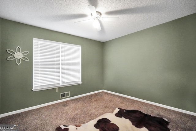 carpeted empty room with a textured ceiling, ceiling fan, and a healthy amount of sunlight