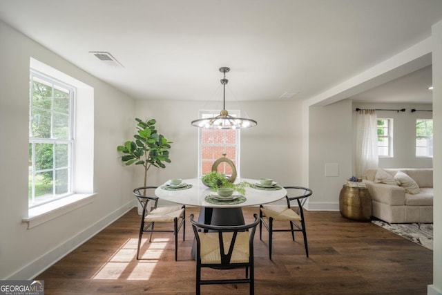 dining room with a chandelier, a wealth of natural light, and dark wood-type flooring