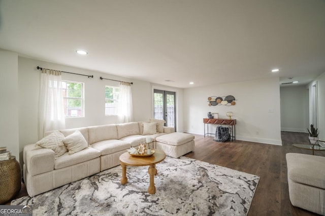 living room with dark wood-type flooring