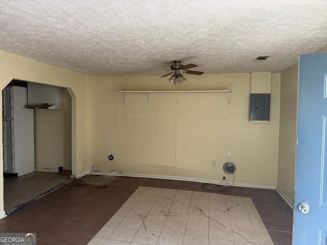 laundry room with electric panel, ceiling fan, and a textured ceiling