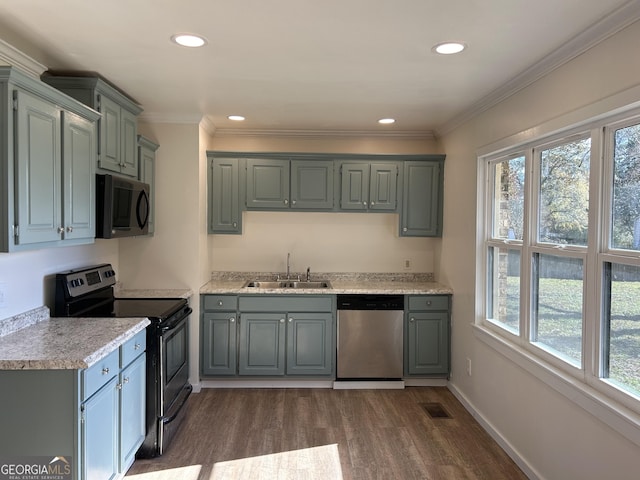 kitchen featuring dark wood-type flooring, a wealth of natural light, sink, and stainless steel appliances