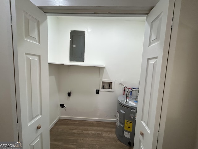 clothes washing area featuring dark wood-type flooring, washer hookup, hookup for an electric dryer, electric water heater, and electric panel