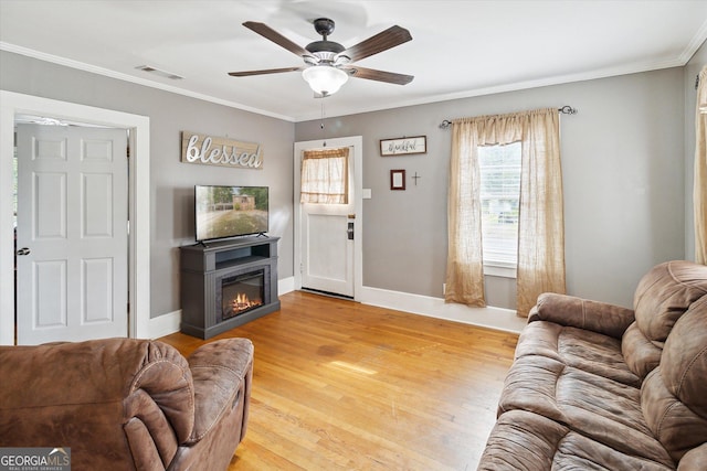 living room with crown molding, a fireplace, ceiling fan, and light wood-type flooring