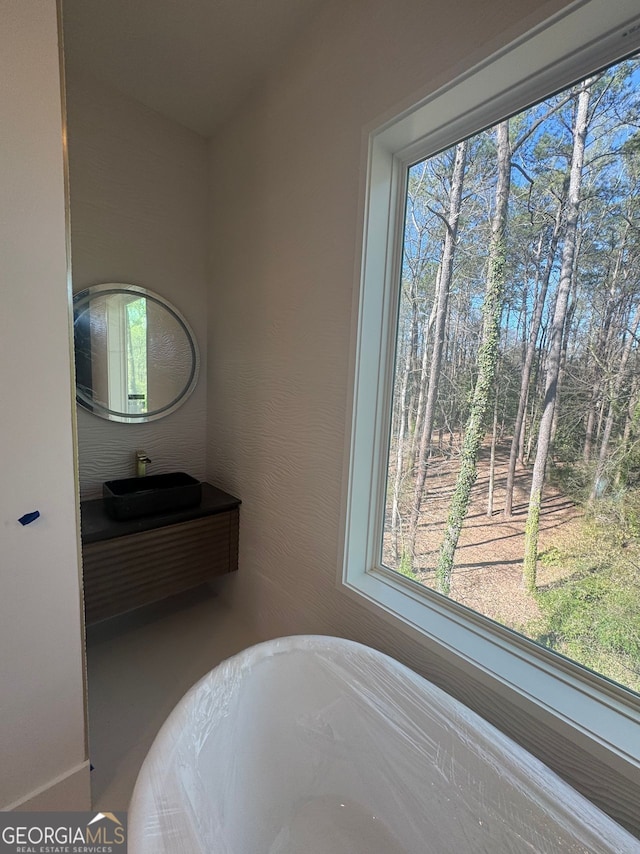bathroom with vanity and a freestanding tub