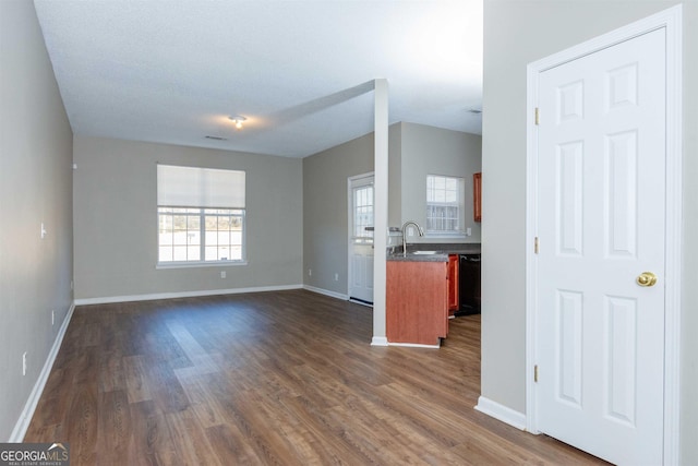 unfurnished living room with dark hardwood / wood-style flooring and sink