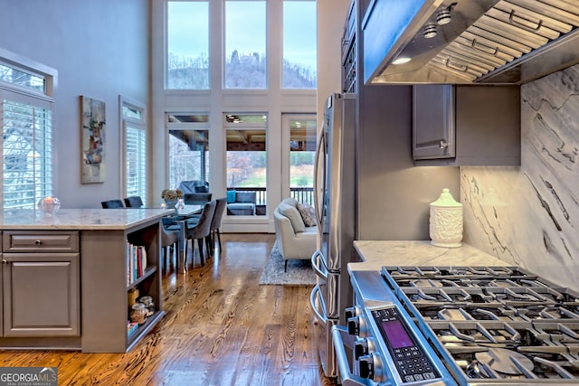 kitchen featuring stainless steel appliances, gray cabinetry, custom range hood, and dark hardwood / wood-style floors