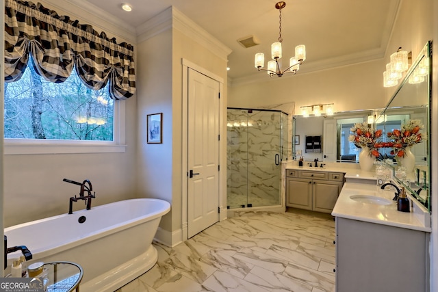 bathroom featuring shower with separate bathtub, a notable chandelier, crown molding, and vanity