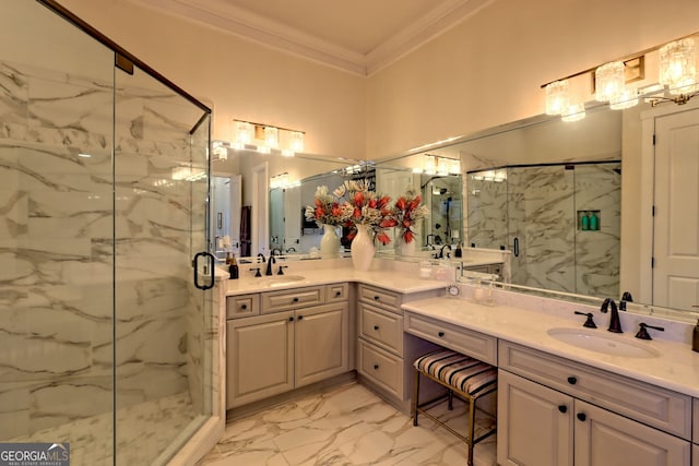 bathroom with vanity, walk in shower, and crown molding