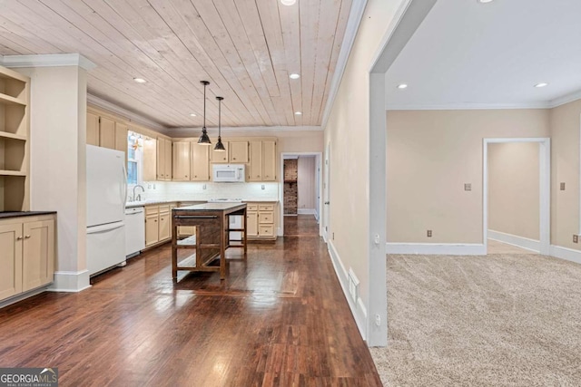 kitchen featuring hanging light fixtures, a center island, ornamental molding, white appliances, and wooden ceiling