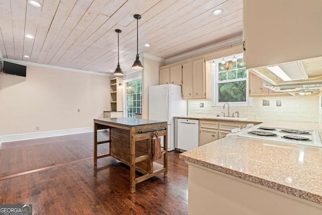 kitchen with white appliances, crown molding, sink, and wooden ceiling