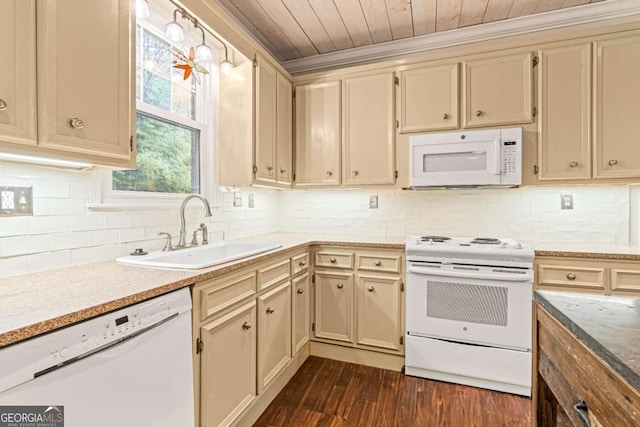 kitchen featuring cream cabinetry, white appliances, wood ceiling, sink, and dark hardwood / wood-style floors