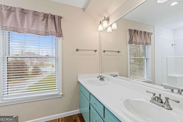 bathroom featuring vanity, hardwood / wood-style floors, and a healthy amount of sunlight