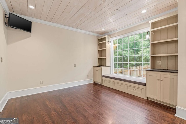 unfurnished living room with ornamental molding, dark wood-type flooring, built in features, and wooden ceiling