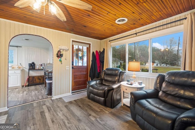 living room with wooden ceiling, ceiling fan, and wood-type flooring