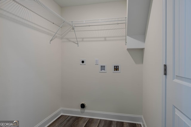 clothes washing area with hookup for an electric dryer, dark hardwood / wood-style flooring, and hookup for a washing machine