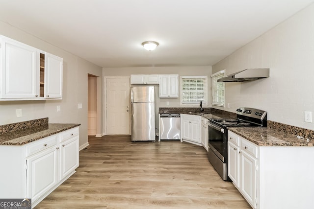 kitchen featuring white cabinets, stainless steel appliances, and ventilation hood