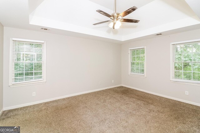 carpeted spare room with a tray ceiling, plenty of natural light, and ceiling fan