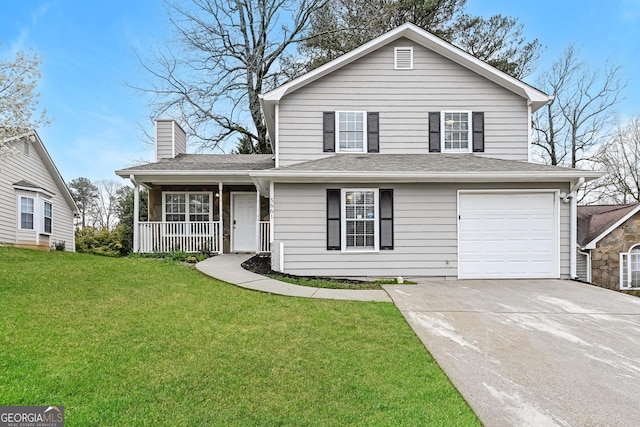 view of property featuring a porch, a front yard, and a garage