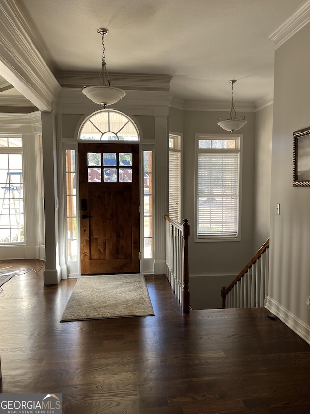 foyer featuring ornamental molding and dark wood-type flooring