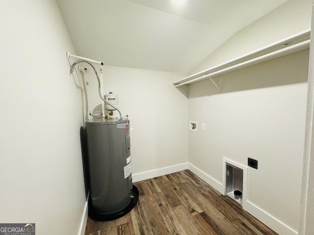 laundry room with electric water heater, hookup for a washing machine, and dark wood-type flooring