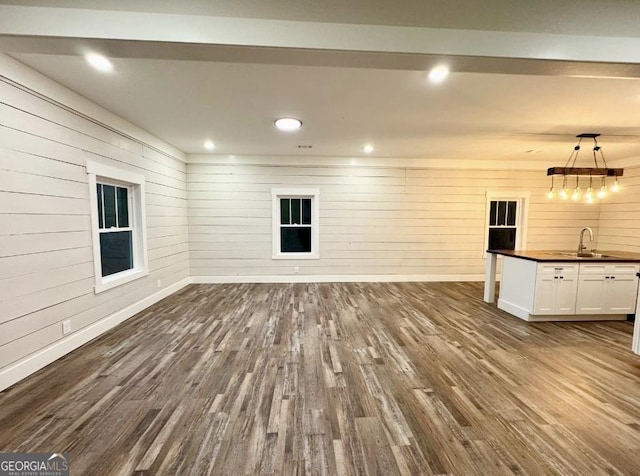 interior space with wood walls, sink, and dark hardwood / wood-style floors