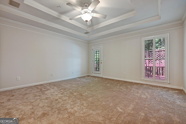 carpeted spare room featuring a raised ceiling, crown molding, and a wealth of natural light